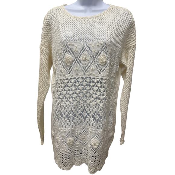 VTG HONEY Sweater PullOver Cotton Blend Knit Embroidered Crochet Long Sleeve M/L - Picture 1 of 6
